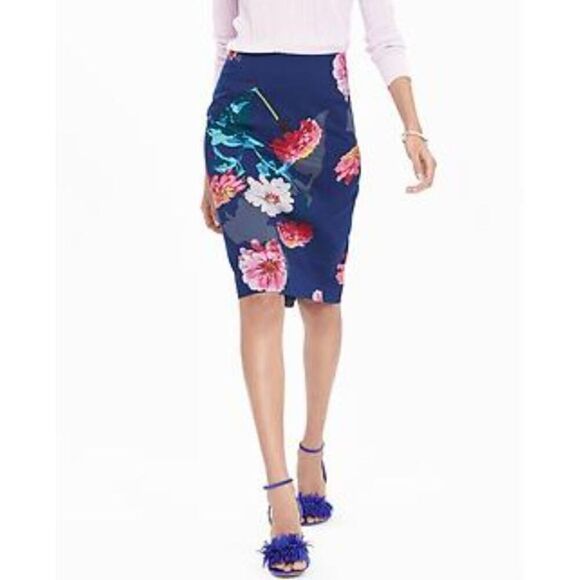 Banana Republic Gerber Daisy Blue Floral Stretch Pencil Skirt Straight Size 0 - Picture 1 of 11